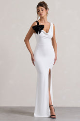 White Cowl-Neck Split Maxi Dress With Bow